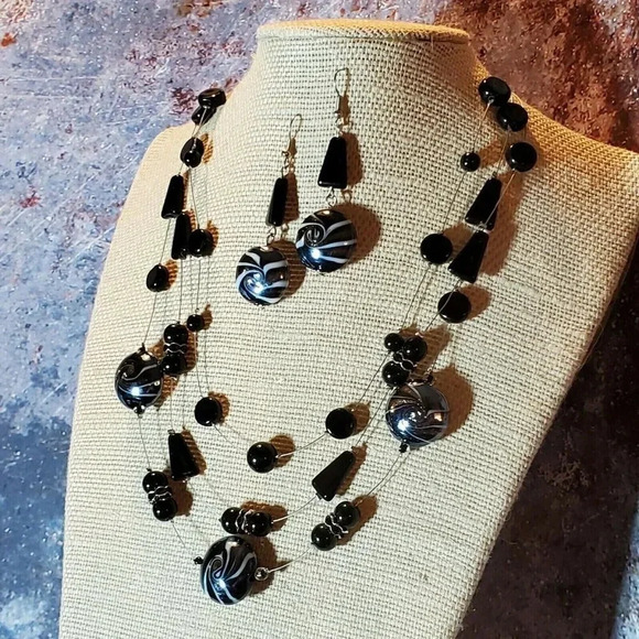Art Deco Black Jet AB Czech Glass Baubles Multi Strand Necklace Earrings Set - Picture 1 of 9